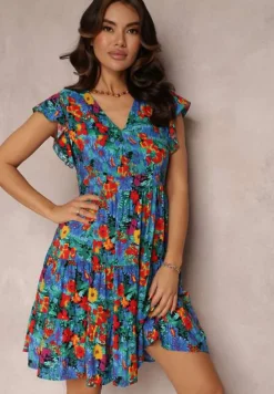 Niebieska Wiskozowa Sukienka Mini z Falbaną Linne