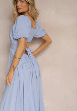 Niebieska Wiskozowa Sukienka o Rozkloszowanym Kroju z Wycięciem na Plecach i Wiązaniem Dimiella