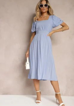 Niebieska Wiskozowa Sukienka o Rozkloszowanym Kroju z Wycięciem na Plecach i Wiązaniem Dimiella