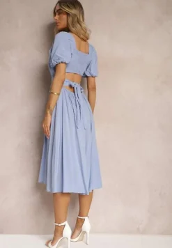 Niebieska Wiskozowa Sukienka o Rozkloszowanym Kroju z Wycięciem na Plecach i Wiązaniem Dimiella