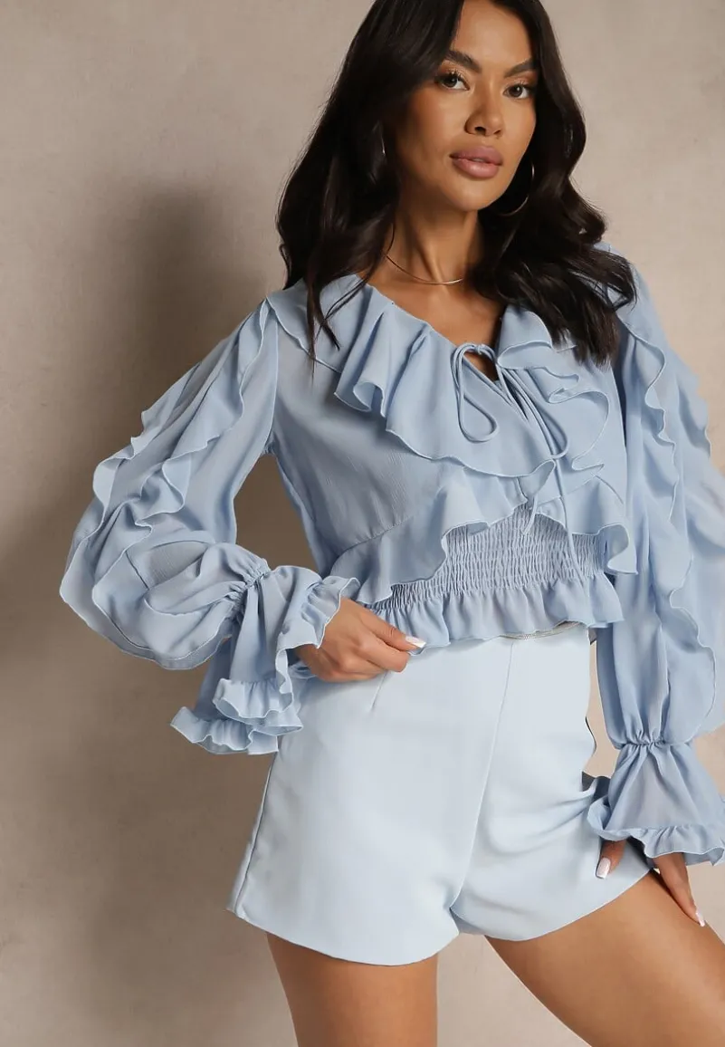 Niebieska Wiązana Bluzka Zdobiona Falbanami z Dodatkowym Topem na Ramiączkach Miradiara