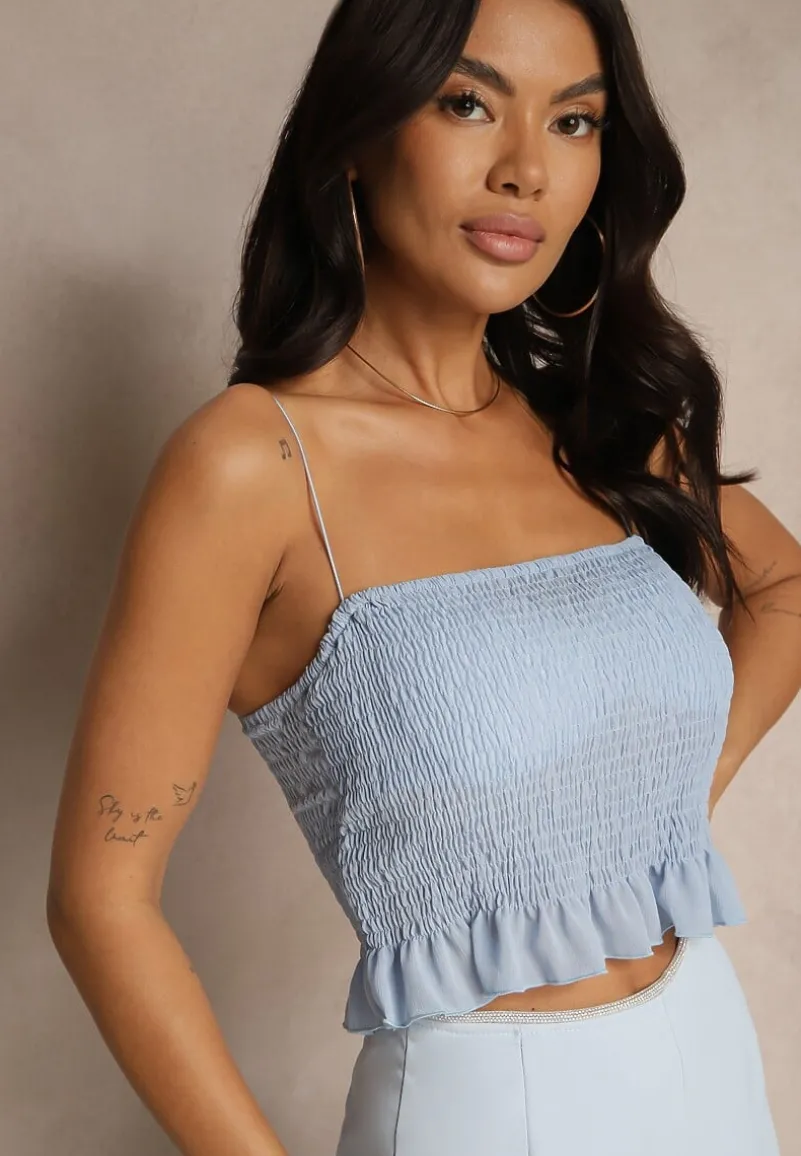 Niebieska Wiązana Bluzka Zdobiona Falbanami z Dodatkowym Topem na Ramiączkach Miradiara