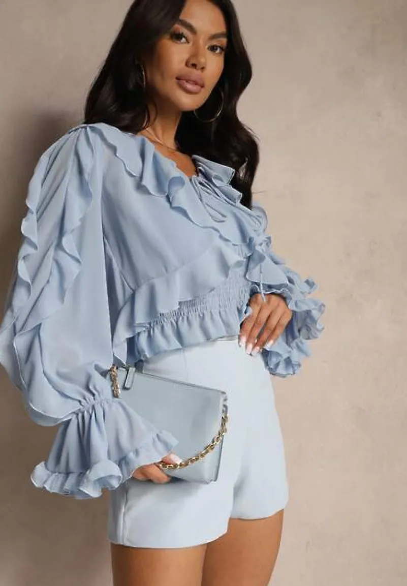 Niebieska Wiązana Bluzka Zdobiona Falbanami z Dodatkowym Topem na Ramiączkach Miradiara