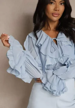 Niebieska Wiązana Bluzka Zdobiona Falbanami z Dodatkowym Topem na Ramiączkach Miradiara