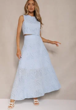 Niebieski Ażurowy Komplet z Haftowanej Tkaniny Top i Spódnica Salamira