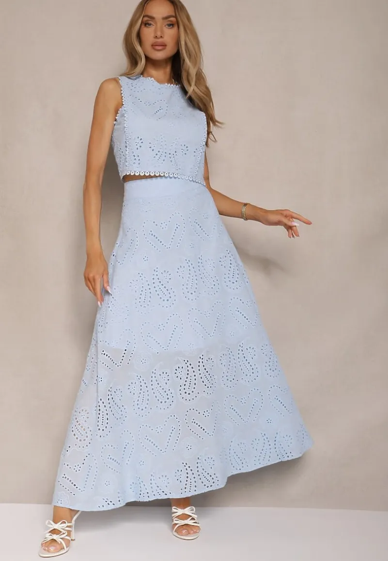 Niebieski Ażurowy Komplet z Haftowanej Tkaniny Top i Spódnica Salamira