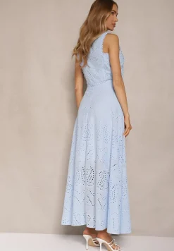 Niebieski Ażurowy Komplet z Haftowanej Tkaniny Top i Spódnica Salamira