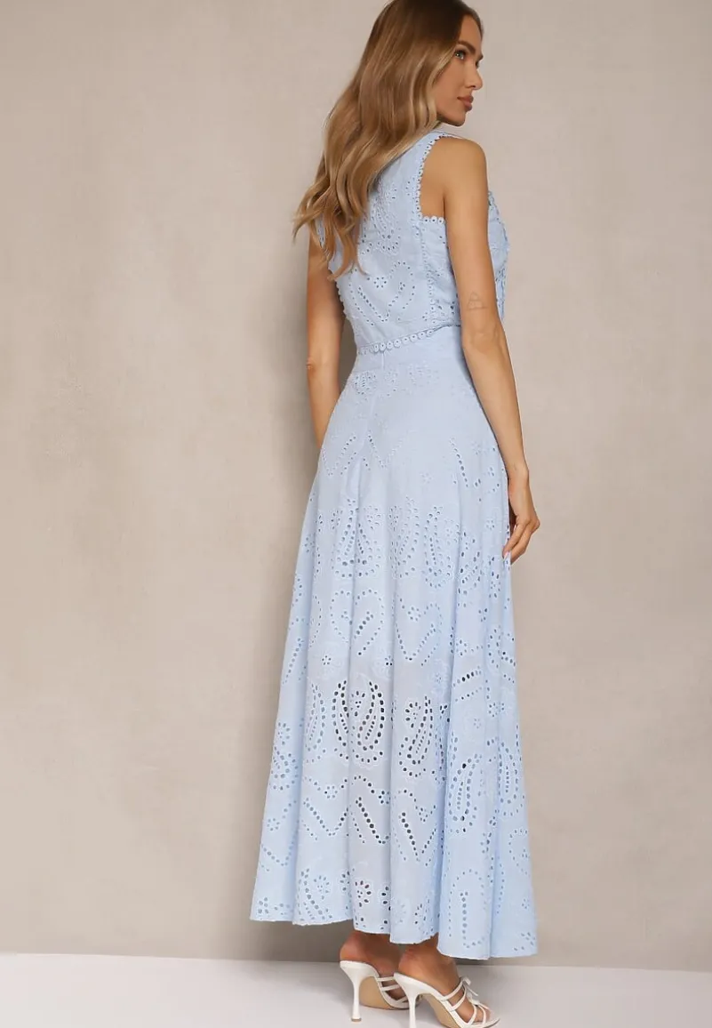 Niebieski Ażurowy Komplet z Haftowanej Tkaniny Top i Spódnica Salamira