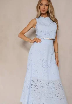 Niebieski Ażurowy Komplet z Haftowanej Tkaniny Top i Spódnica Salamira