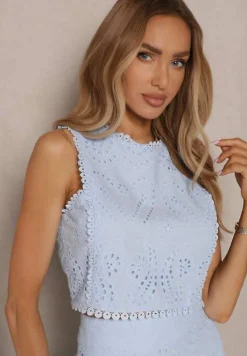 Niebieski Ażurowy Komplet z Haftowanej Tkaniny Top i Spódnica Salamira