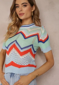 Niebieski Ażurowy Sweter Bluzka z Okrągłym Dekoltem i Krótkim Rękawem Veisna