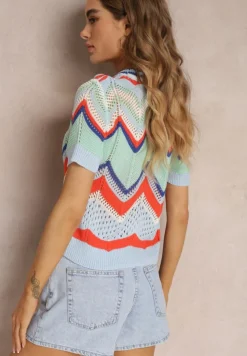 Niebieski Ażurowy Sweter Bluzka z Okrągłym Dekoltem i Krótkim Rękawem Veisna