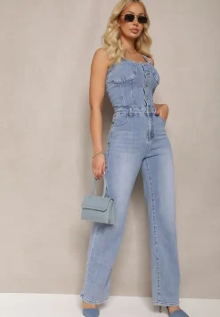 Niebieski Bawełniany Kombinezon Jeansowy z Prostymi Nogawkami na Ramiączkach Naslwen