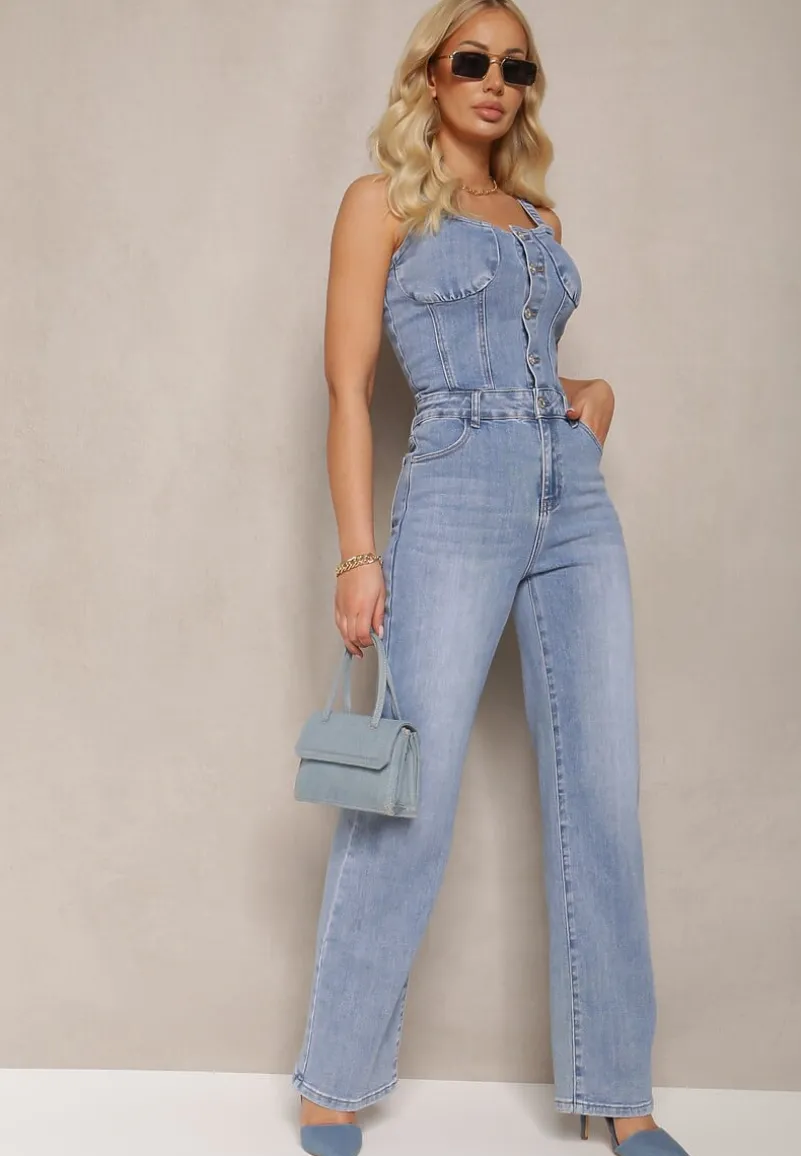 Niebieski Bawełniany Kombinezon Jeansowy z Prostymi Nogawkami na Ramiączkach Naslwen