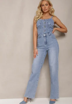 Niebieski Bawełniany Kombinezon Jeansowy z Prostymi Nogawkami na Ramiączkach Naslwen