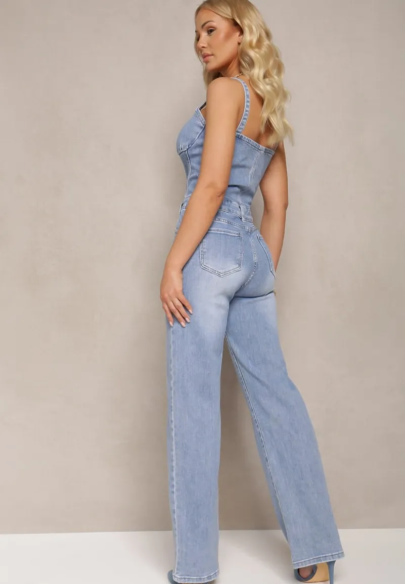 Niebieski Bawełniany Kombinezon Jeansowy z Prostymi Nogawkami na Ramiączkach Naslwen
