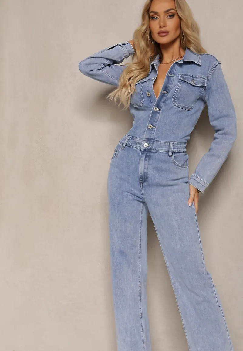 Niebieski Bawełniany Kombinezon Jeansowy z Guzikami i Kieszeniami z Klapami Starah