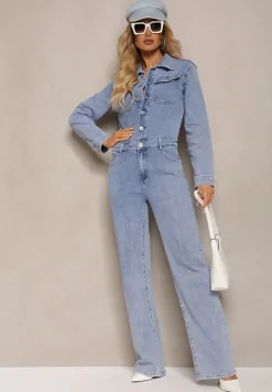 Niebieski Bawełniany Kombinezon Jeansowy z Guzikami i Kieszeniami z Klapami Starah