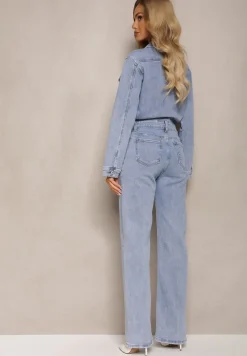 Niebieski Bawełniany Kombinezon Jeansowy z Guzikami i Kieszeniami z Klapami Starah