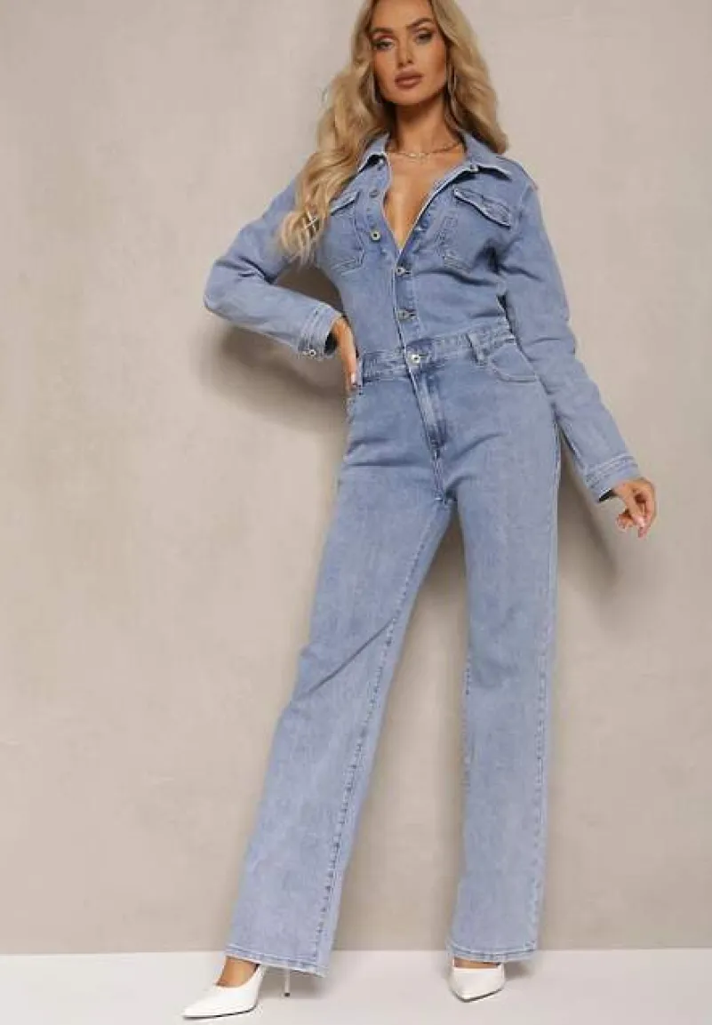Niebieski Bawełniany Kombinezon Jeansowy z Guzikami i Kieszeniami z Klapami Starah