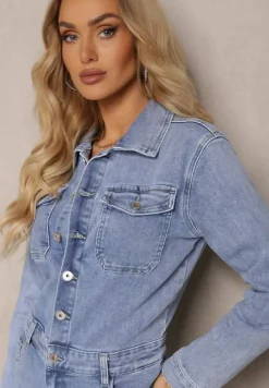 Niebieski Bawełniany Kombinezon Jeansowy z Guzikami i Kieszeniami z Klapami Starah