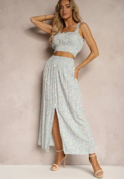 Niebieski Bawełniany Komplet Top na Ramiączkach Spódnica z Ozdobnymi Guzikami i Gumką w Pasie Elasea