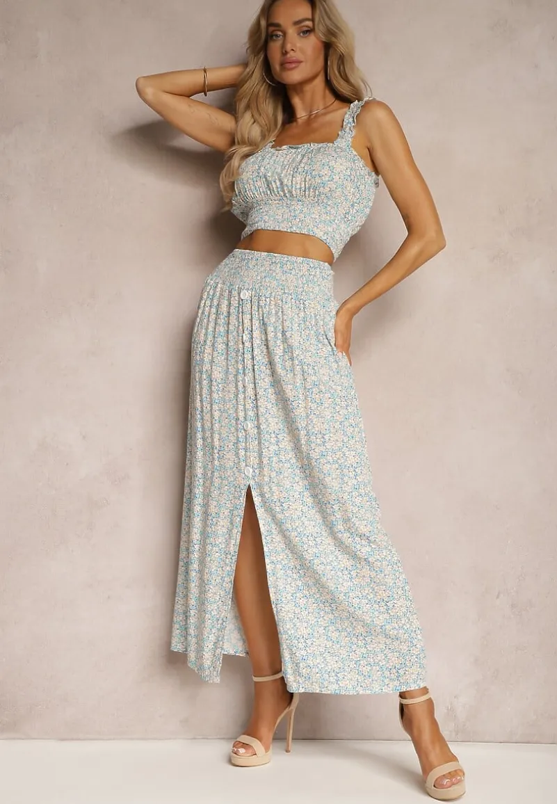 Niebieski Bawełniany Komplet Top na Ramiączkach Spódnica z Ozdobnymi Guzikami i Gumką w Pasie Elasea