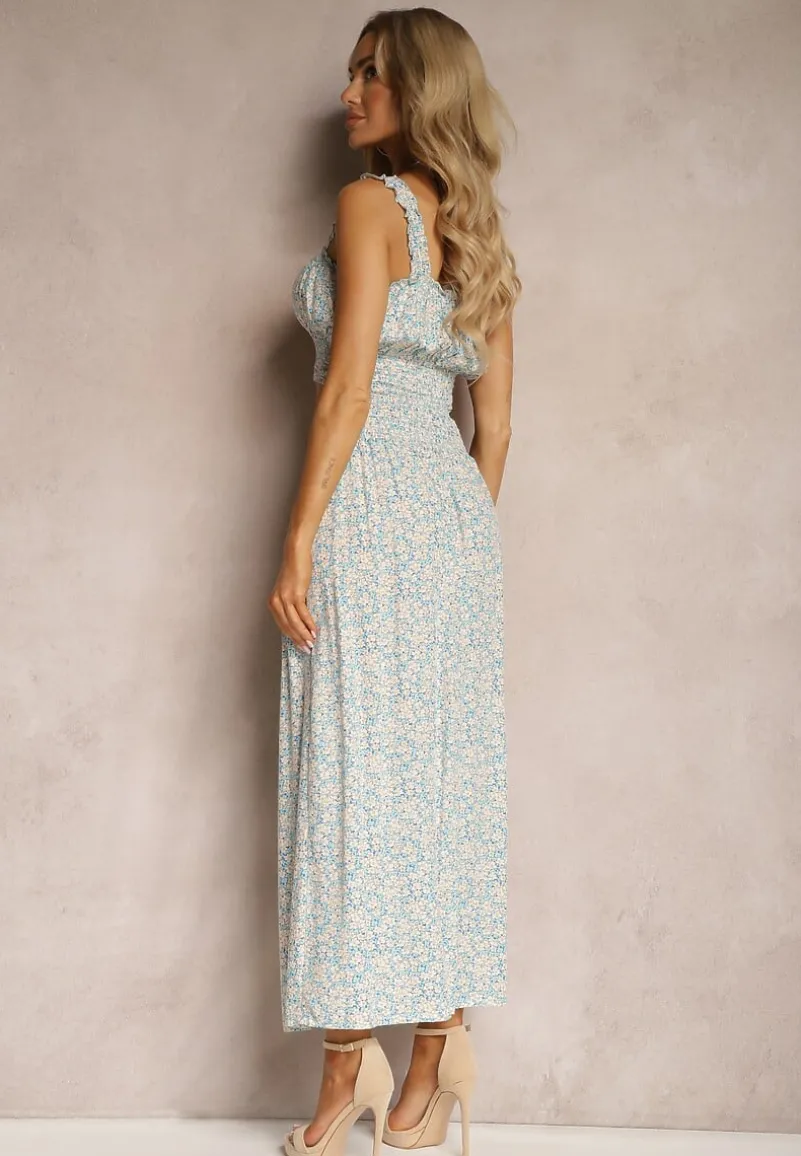 Niebieski Bawełniany Komplet Top na Ramiączkach Spódnica z Ozdobnymi Guzikami i Gumką w Pasie Elasea