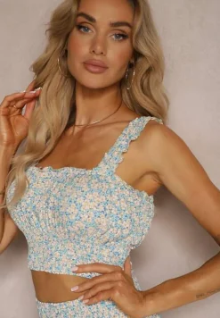 Niebieski Bawełniany Komplet Top na Ramiączkach Spódnica z Ozdobnymi Guzikami i Gumką w Pasie Elasea