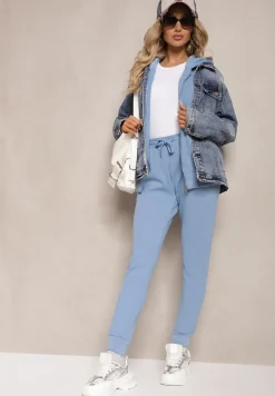 Niebieski Casualowy Komplet Dresowy z Domieszką Bawełny Bluza z Kapturem i Spodnie Joggery Sineva