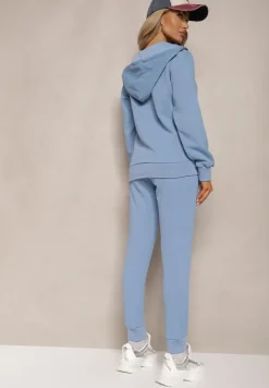 Niebieski Casualowy Komplet Dresowy z Domieszką Bawełny Bluza z Kapturem i Spodnie Joggery Sineva