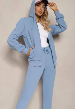 Niebieski Casualowy Komplet Dresowy z Domieszką Bawełny Bluza z Kapturem i Spodnie Joggery Sineva
