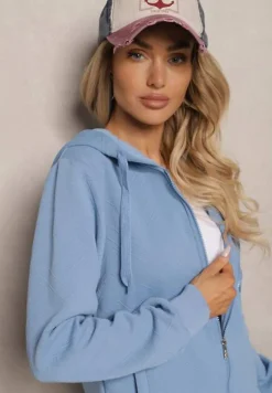 Niebieski Casualowy Komplet Dresowy z Domieszką Bawełny Bluza z Kapturem i Spodnie Joggery Sineva