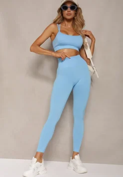 Niebieski Elastyczny Komplet Fitness Usztywniany Biustonosz i Legginsy z Gumką Orbinra