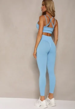 Niebieski Elastyczny Komplet Fitness Usztywniany Biustonosz i Legginsy z Gumką Orbinra