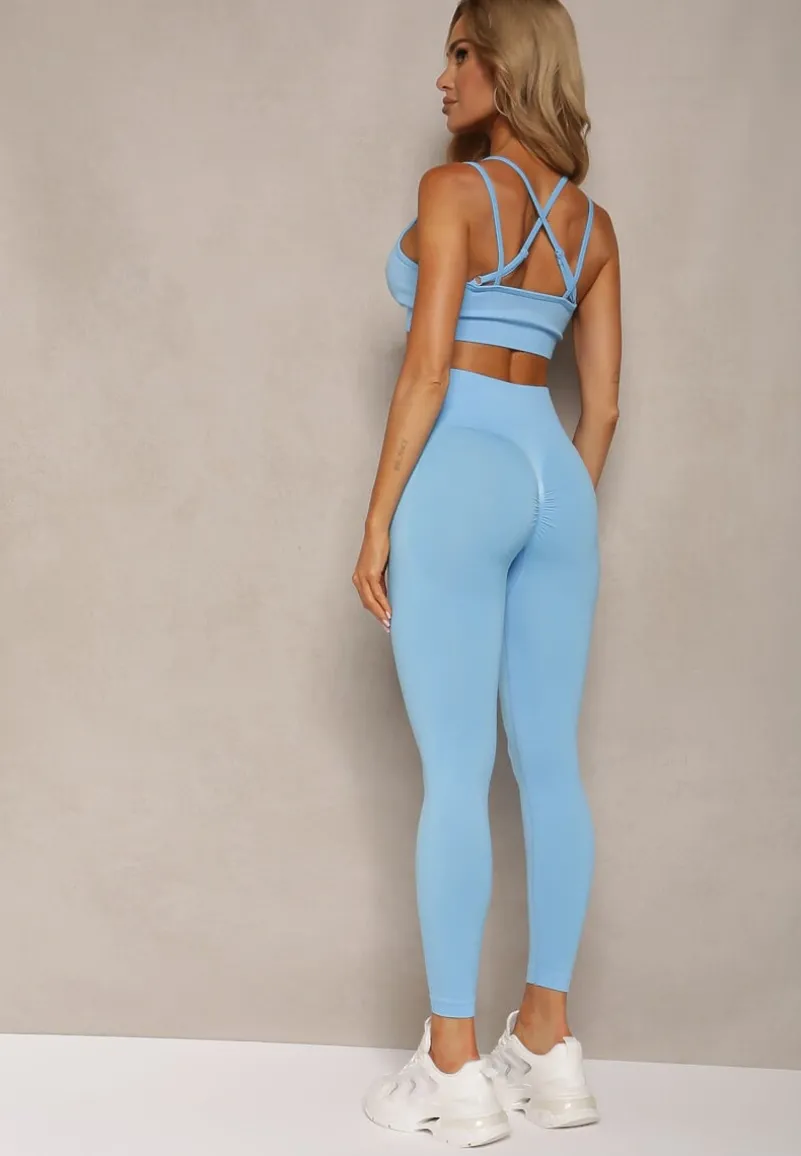 Niebieski Elastyczny Komplet Fitness Usztywniany Biustonosz i Legginsy z Gumką Orbinra