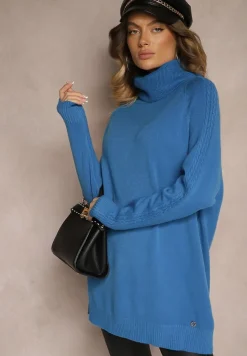 Niebieski Golf z Wiskozą Modalem i Ozdobnym Splotem Kesalttia