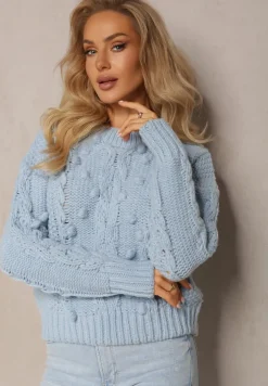 Niebieski Grubo Pleciony Sweter z Wełną i Bawełną Bavime
