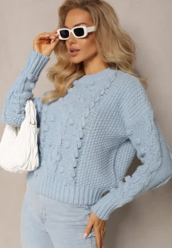 Niebieski Grubo Pleciony Sweter z Wełną i Bawełną Bavime