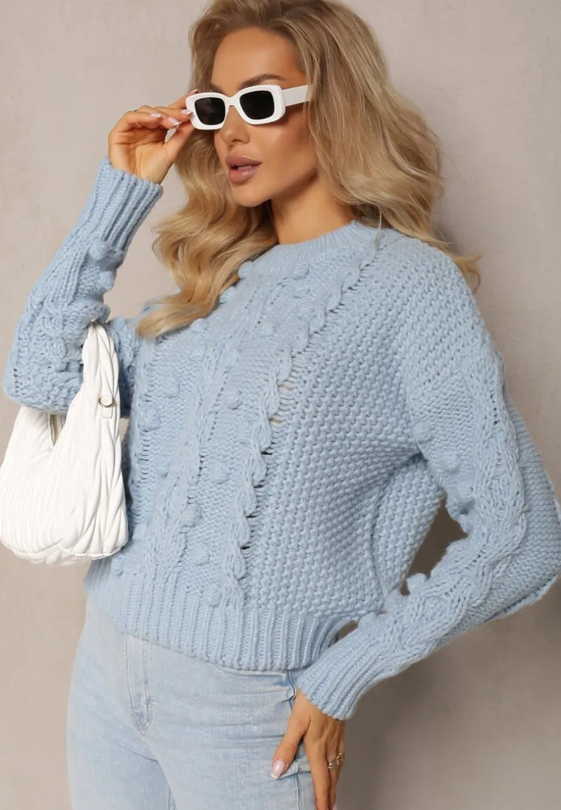 Niebieski Grubo Pleciony Sweter z Wełną i Bawełną Bavime