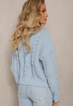 Niebieski Grubo Pleciony Sweter z Wełną i Bawełną Bavime
