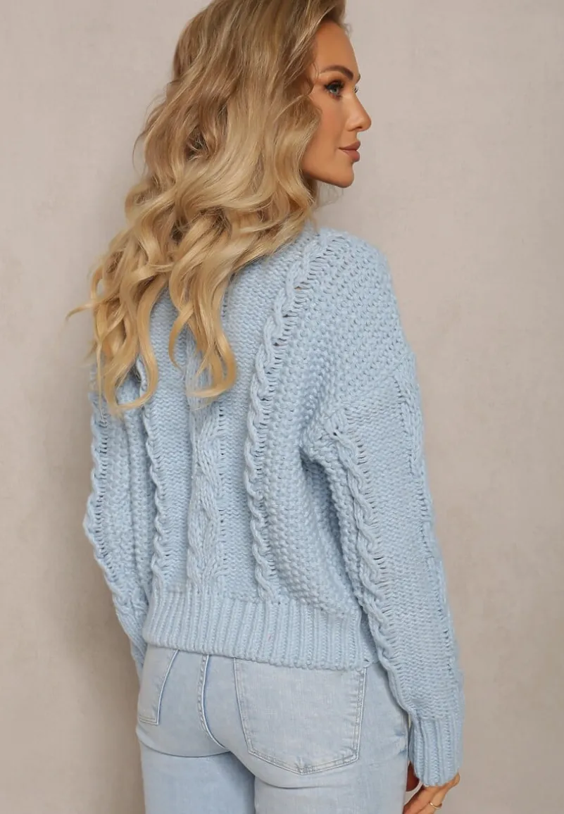 Niebieski Grubo Pleciony Sweter z Wełną i Bawełną Bavime