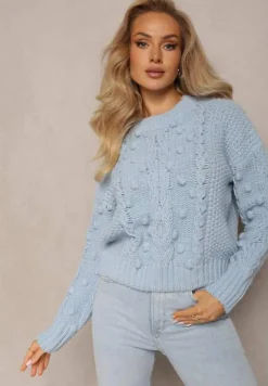 Niebieski Grubo Pleciony Sweter z Wełną i Bawełną Bavime