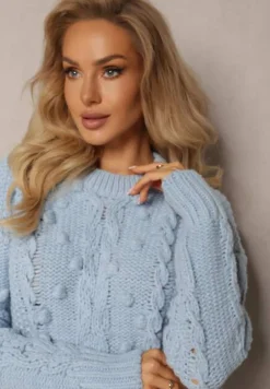 Niebieski Grubo Pleciony Sweter z Wełną i Bawełną Bavime