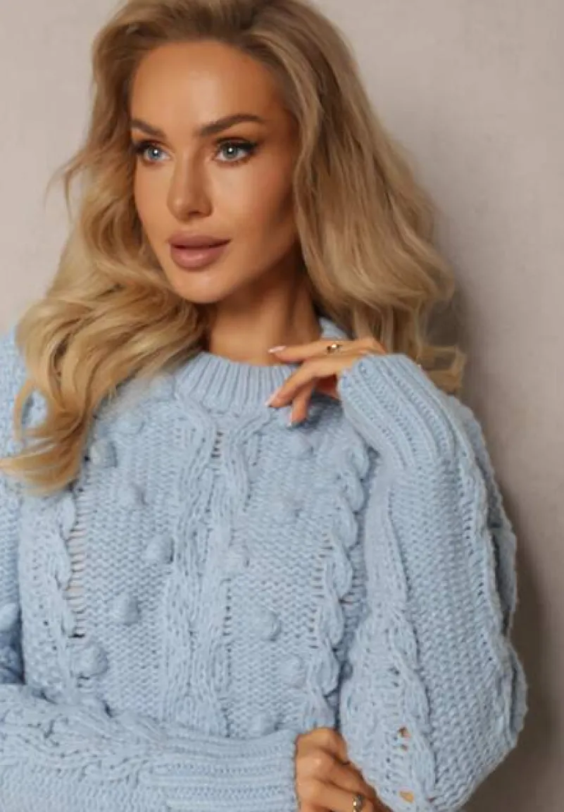 Niebieski Grubo Pleciony Sweter z Wełną i Bawełną Bavime