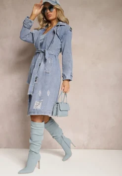 Niebieski Jeansowy Płaszcz Kurtka o Długim Wiązanym Fasonie z Przetarciami Arilessa