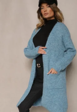 Niebieski Kardigan Niezapinany z Wełną i Kieszeniami Miathinae