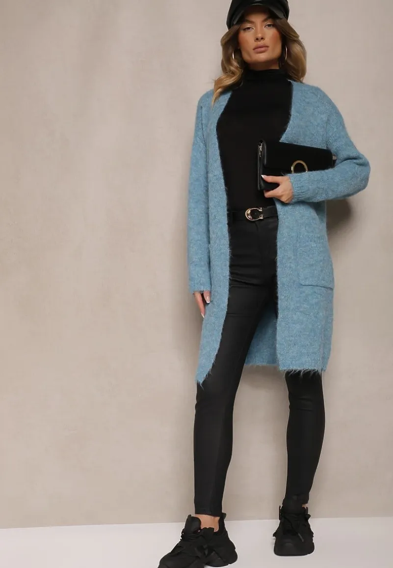 Niebieski Kardigan Niezapinany z Wełną i Kieszeniami Miathinae