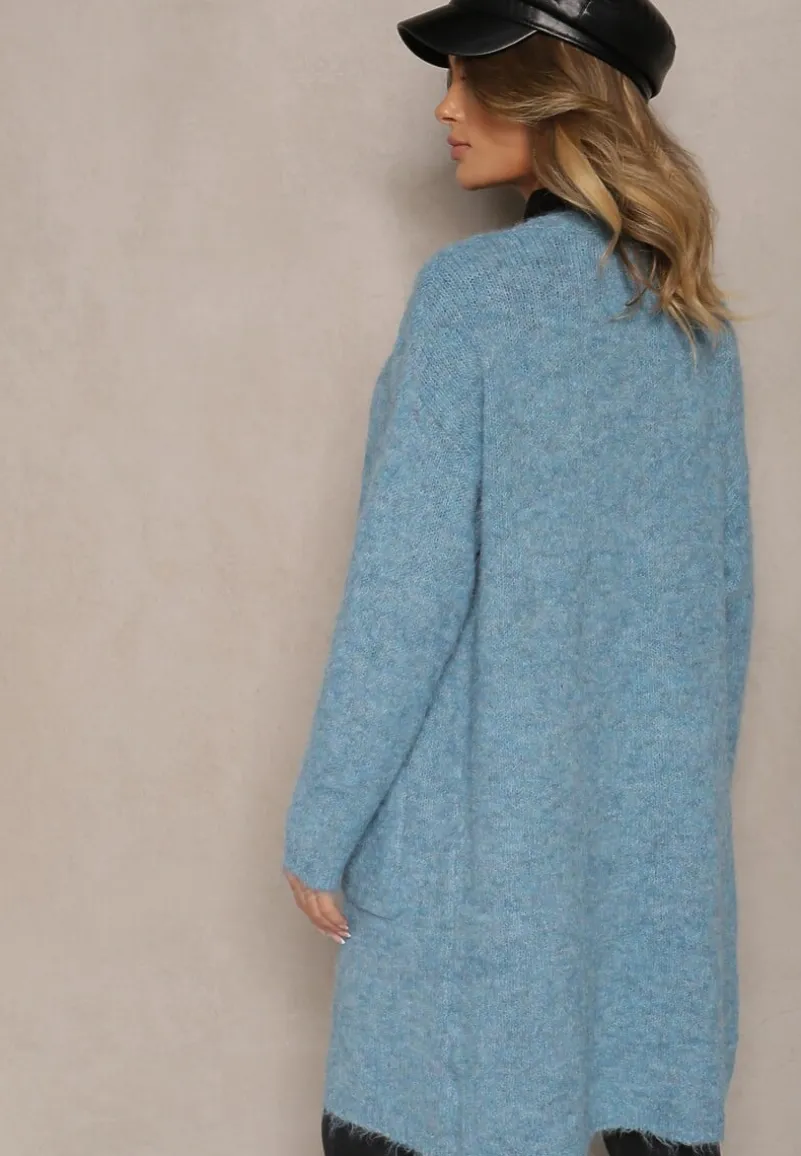 Niebieski Kardigan Niezapinany z Wełną i Kieszeniami Miathinae