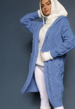 Niebieski Kardigan o Długim Fasonie z Kapturem i Kieszeniami Oricyna
